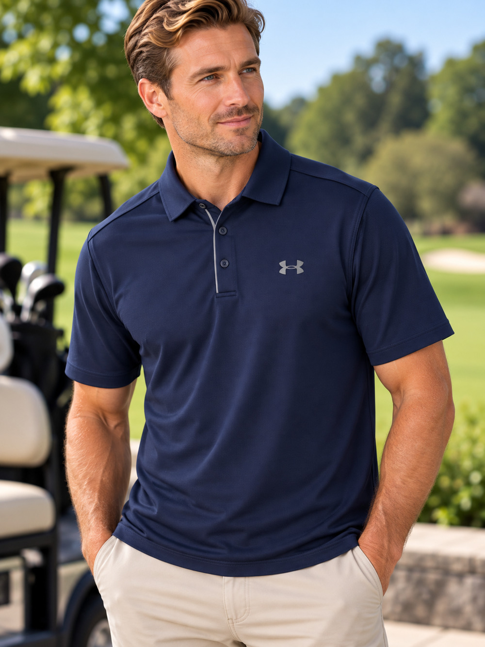 Under Armour HeatGear Mens Golf Polo Shirt M Navy Blue Loose Fit Short Sleeve